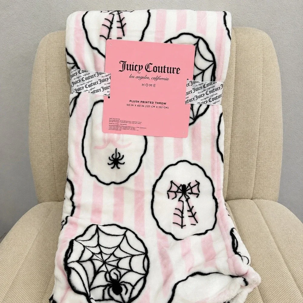 NEW Juicy Couture Home Halloween Plush Printed Throw Spider Web Bow Striped